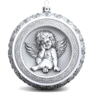 Set of 4 silver Christmas balls "Angel, Bells, Winter Fairy tale and Happy childhood"